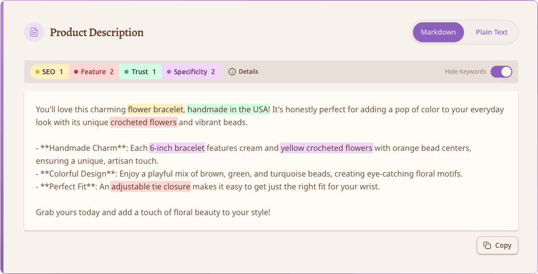 Inline content editor showing a product description with color-coded keyword highlights for SEO, Feature, Trust, and Specificity categories, with format toggle and Copy button