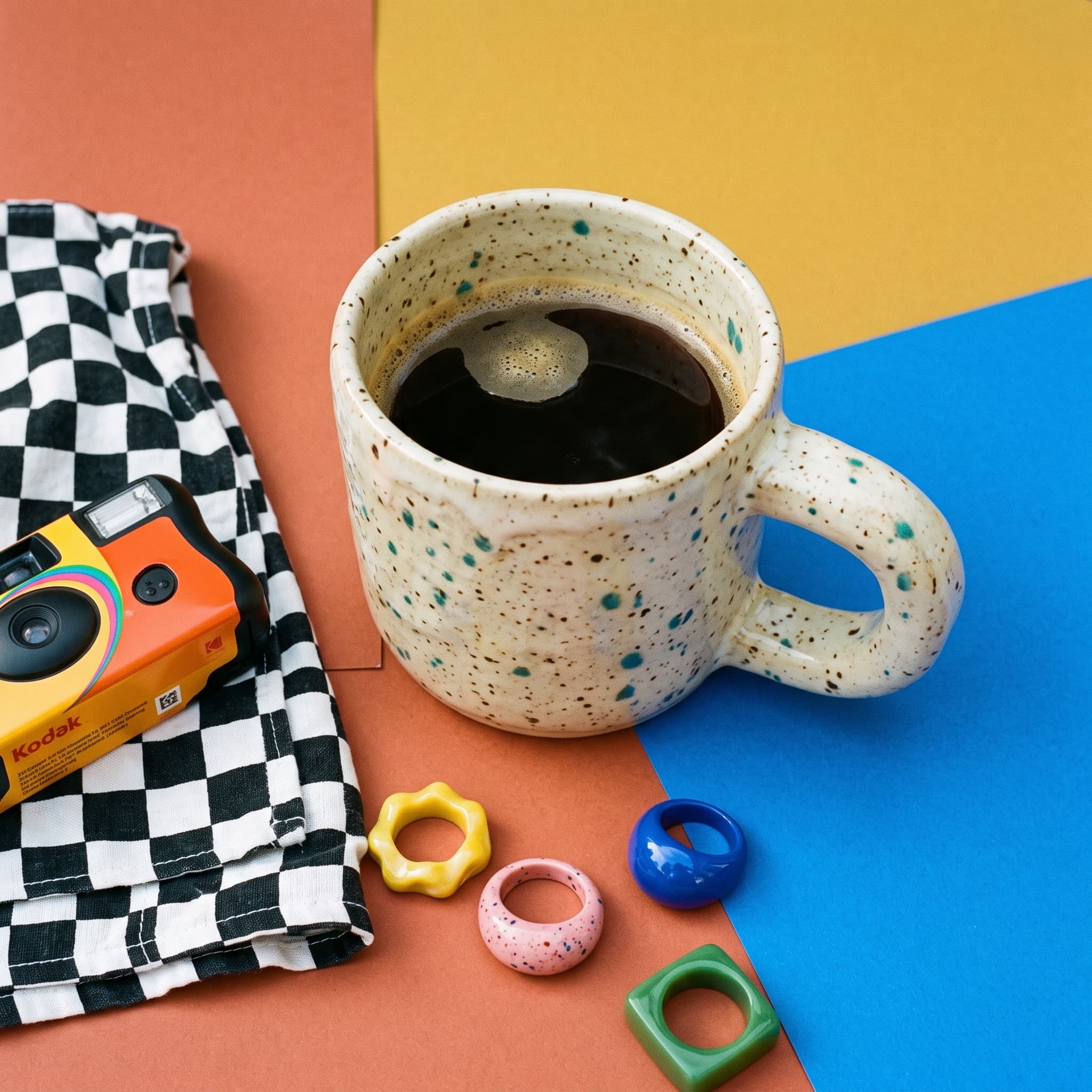 Speckled stoneware mug in a bold, colorful flat-lay with playful props