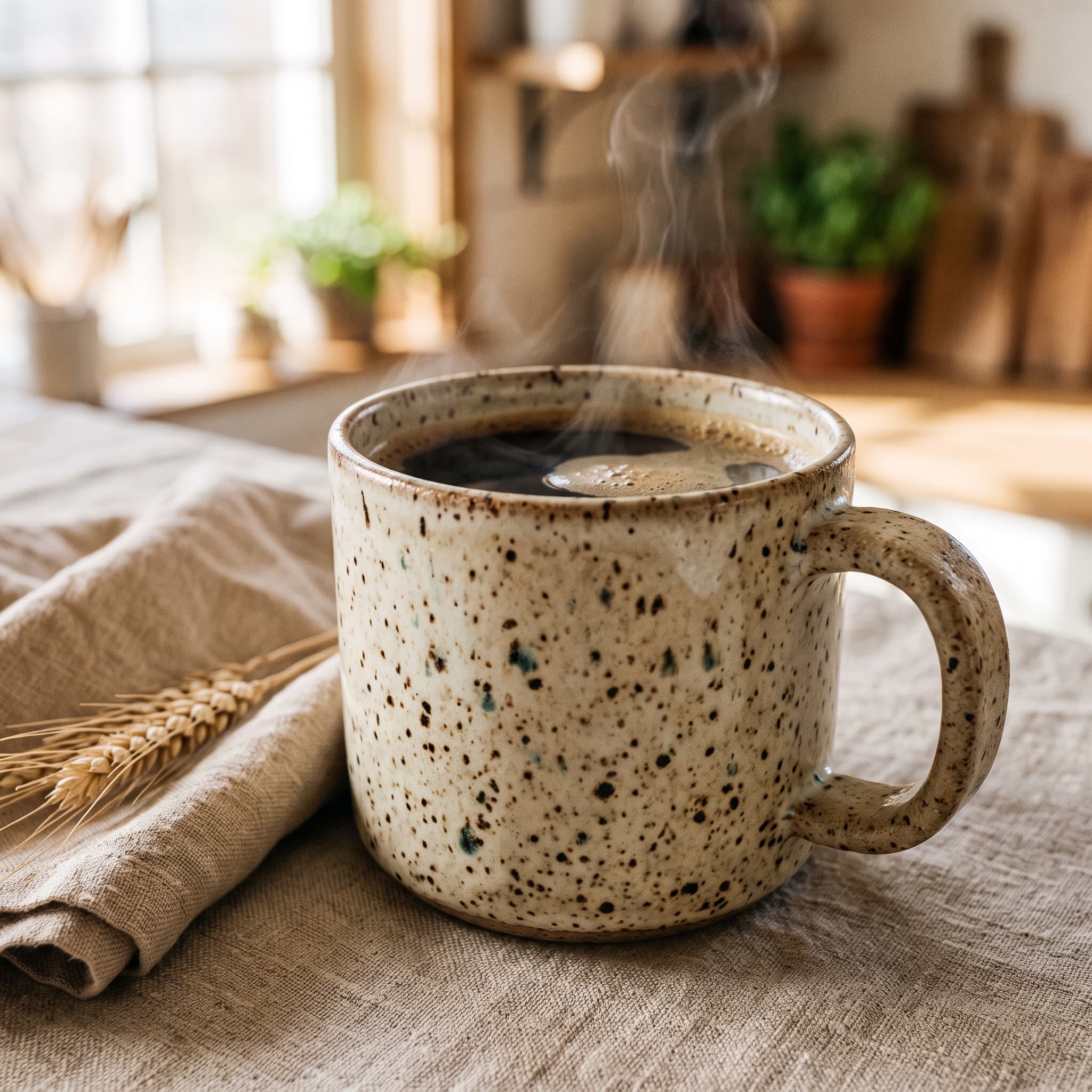 Speckled stoneware mug of coffee styled as a cozy lifestyle photo