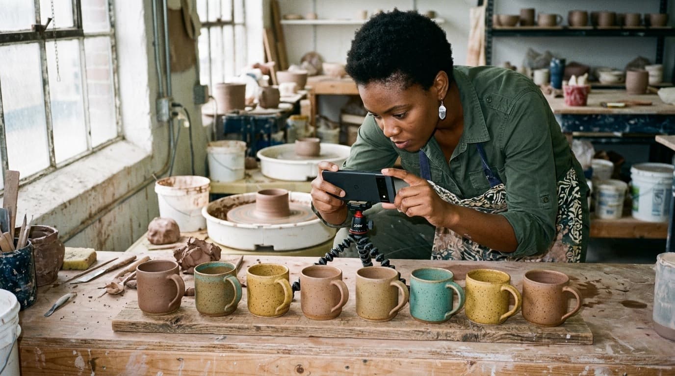 A maker photographing a freshly made speckled mug with their phone